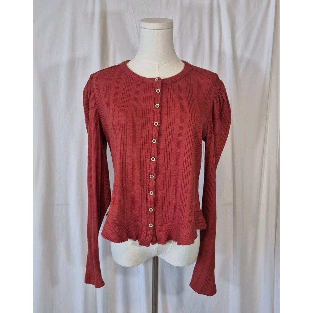 Pilcro Ribbed Puff Sleeved Red Cotton Blend Shirt Top Medium - Picture 4 of 11